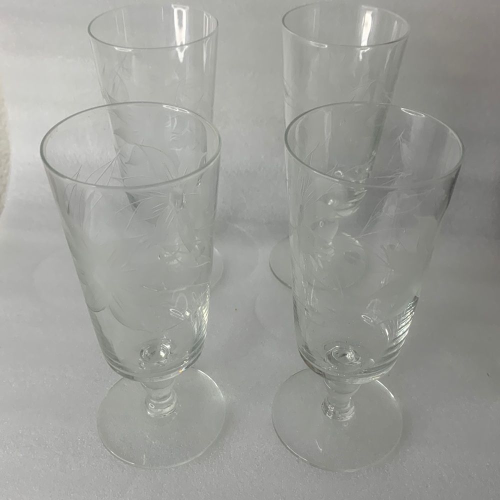 Glastonbury Lotus Toasting Drinking Bar4 Oz Set 4 Floral Etching Glass 5 1/2 In